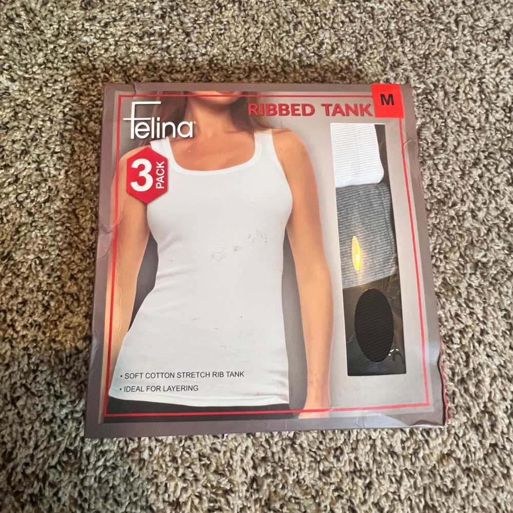 Felina Womens 3 Pack Ribbed Tank Tops White Grey Black Cotton Stretch C6923 Med